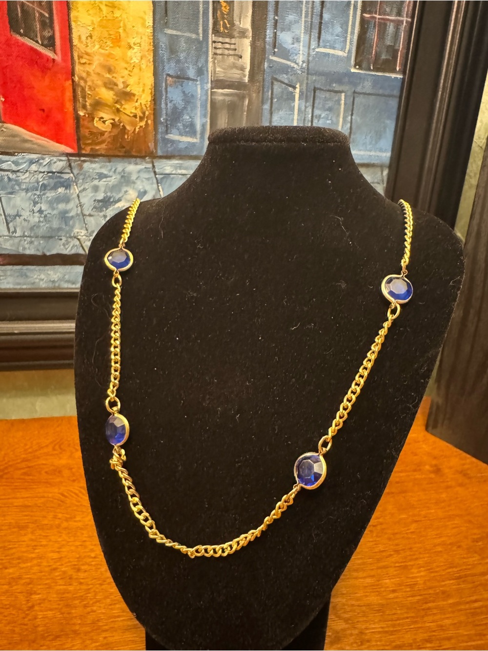 Gold-Tone Chain Necklace with Blue Gem Accents